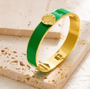 New Port Elegant Roman Numeral Green and Gold Bangle Hinged Bracelet W/Box